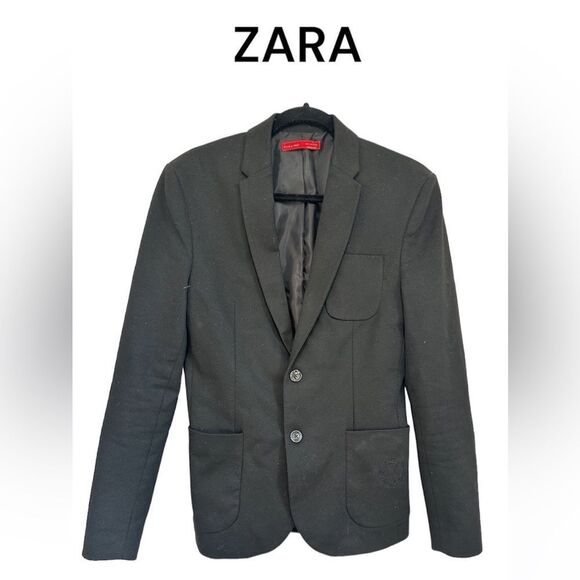 ZARA black two buttons embroidered pocket tailored slim fit blazer jacket S